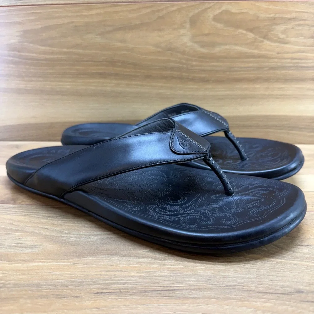 Olukai Mekila Black Leather Flip Flops Mens 14 Travel Everyday Pool Beach Resort
